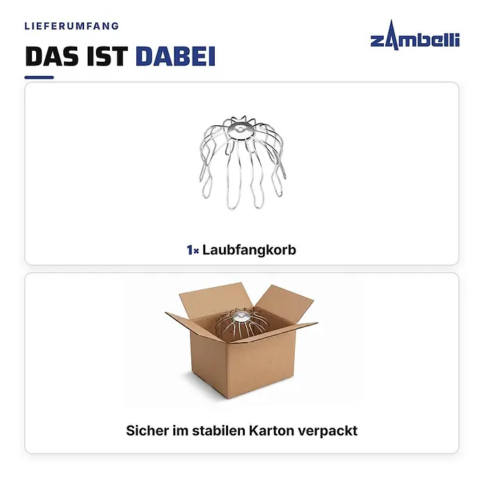 Zambelli Dachrinne Laubfangkorb DN 87-100 Laubschutz Edelstahl Silber - Nennweite: 100 mm, Länge: 11,5 cm, Edelstahl, Silber - Ein metallener Laubfangkorb, sicher verpackt in einem stabilen Karton.