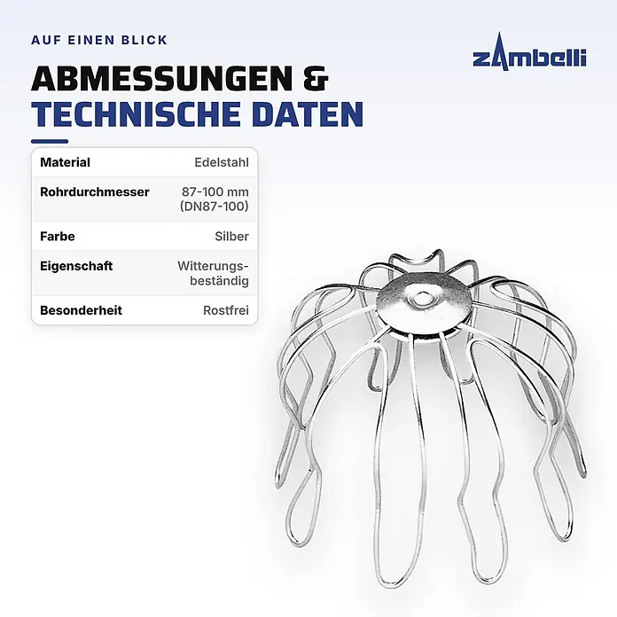 Zambelli Dachrinne Laubfangkorb DN 87-100 Laubschutz Edelstahl Silber - Nennweite: 100 mm, Länge: 11,5 cm, Edelstahl, Silber - Silberner Edelstahl-Laubfang für Rohre, 87-100mm Durchmesser, witterungsbeständig und rostfrei.
