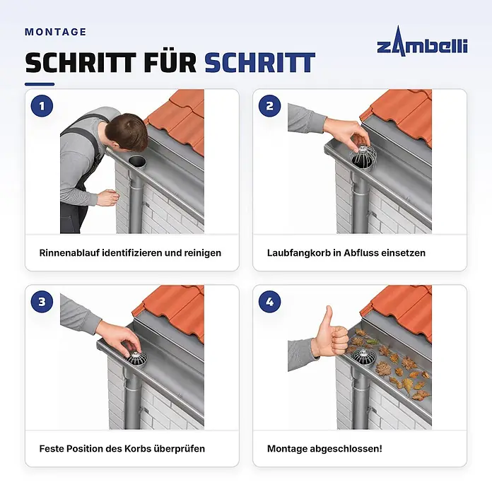 Zambelli Dachrinne Laubfangkorb DN 87-100 Laubschutz Edelstahl Silber - Nennweite: 100 mm, Länge: 11,5 cm, Edelstahl, Silber - Montageanleitung für einen Metall-Laubfangkorb im Dachrinnenablauf.
