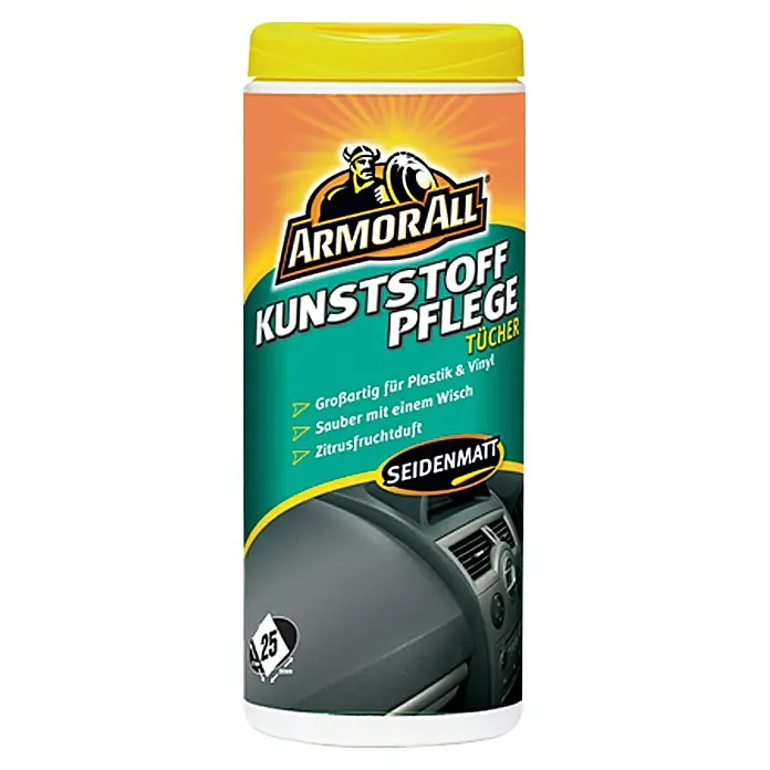 ArmorAll Kunststoffpflegetücher - 25 Stk., Seidenmatt - Abbildung einer Dose Armor All Kunststoffpflege Tücher mit gelbem Deckel, ideal für die Reinigung von Kunststoffoberflächen im Auto.