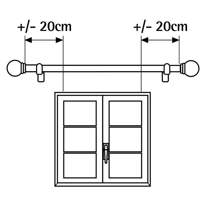 Barra para cortinas Cilindro - Ø x L: 19 mm x 200 cm, Metal, Negro/Haya - Guía de instalación de barra de cortina, mostrando que sobresale unos 20cm del marco de la ventana por cada lado.