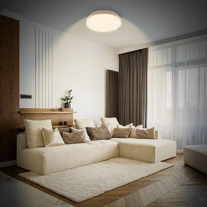 Brilo Plafón LED redondo Nikan - 20 W, Ø x Al: 35 x 8,5 cm, Beige, Blanco neutro - Lámpara de techo redonda blanca iluminando un salón moderno.
