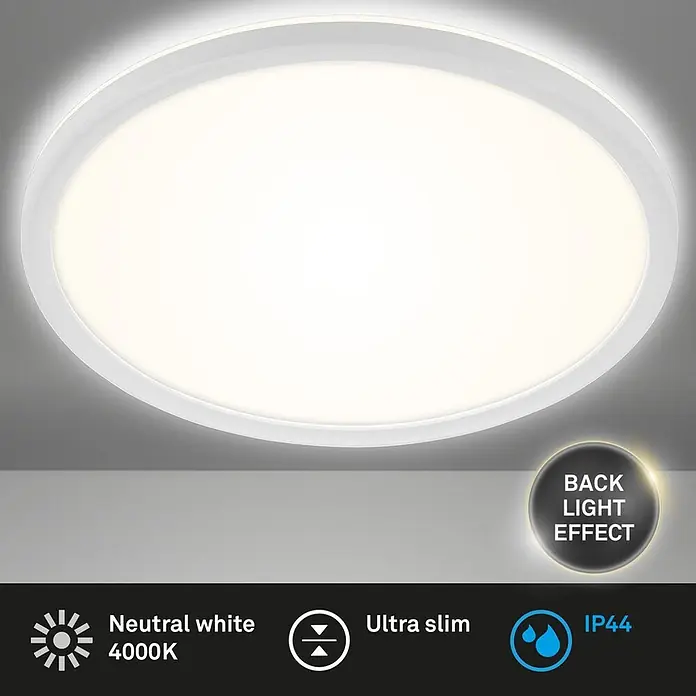 Brilo Plafón LED redondo Slim Case - 18 W, Ø x Al: 29 x 3 cm, Blanco, Blanco neutro - Lámpara de techo LED redonda blanca con efecto retroiluminado, blanco neutro 4000K, ultradelgada y IP44.