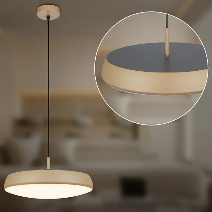 Brilo Lámpara colgante LED redonda Nala - 14,5 W, Ø x Al: 35 x 120 cm, Antracita/Macchiato, Blanco cálido - Lámpara colgante redonda crema y gris oscuro con cable negro, colgando del techo.