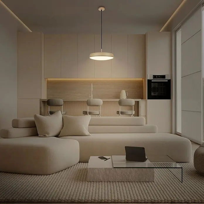 Brilo Lámpara colgante LED redonda Nala - 14,5 W, Ø x Al: 35 x 120 cm, Antracita/Macchiato, Blanco cálido - Lámpara colgante circular crema sobre una isla de cocina moderna, brindando luz cálida.