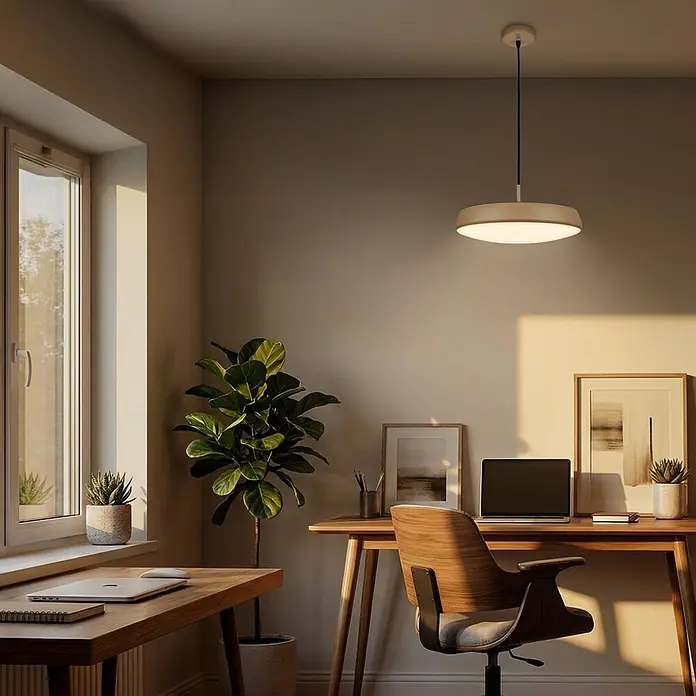 Brilo Lámpara colgante LED redonda Nala - 14,5 W, Ø x Al: 35 x 120 cm, Antracita/Macchiato, Blanco cálido - Una lámpara colgante moderna, redonda y blanca cuelga del techo, iluminando un escritorio de madera minimalista en una oficina en casa.