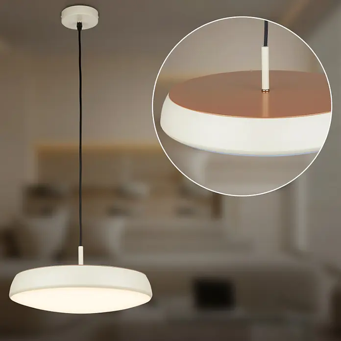 Brilo Lámpara colgante LED redonda Nala - 14,5 W, Ø x Al: 35 x 120 cm, Gris/Café, Blanco cálido - Lámpara colgante moderna con pantalla blanca y cobre, emitiendo luz cálida en un ambiente.