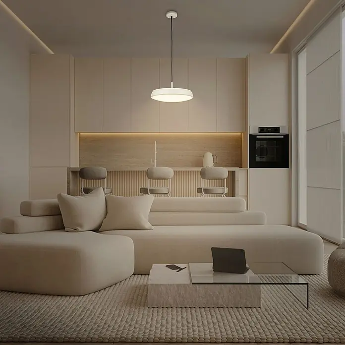 Brilo Lámpara colgante LED redonda Nala - 14,5 W, Ø x Al: 35 x 120 cm, Gris/Café, Blanco cálido - Moderna lámpara colgante circular blanca iluminando un espacio minimalista de sala y cocina.