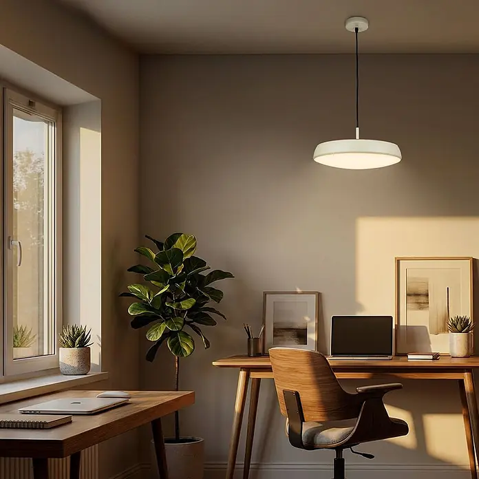 Brilo Lámpara colgante LED redonda Nala - 14,5 W, Ø x Al: 35 x 120 cm, Gris/Café, Blanco cálido - Lámpara colgante blanca en forma de disco ilumina un escritorio de oficina moderno.