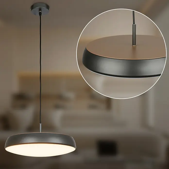 Brilo Lámpara colgante LED redonda Nala - 14,5 W, Ø x Al: 35 x 120 cm, Bronce/Antracita, Blanco cálido - Lámpara colgante moderna en forma de disco con exterior gris oscuro, parte superior de bronce y difusor blanco, colgada del techo.