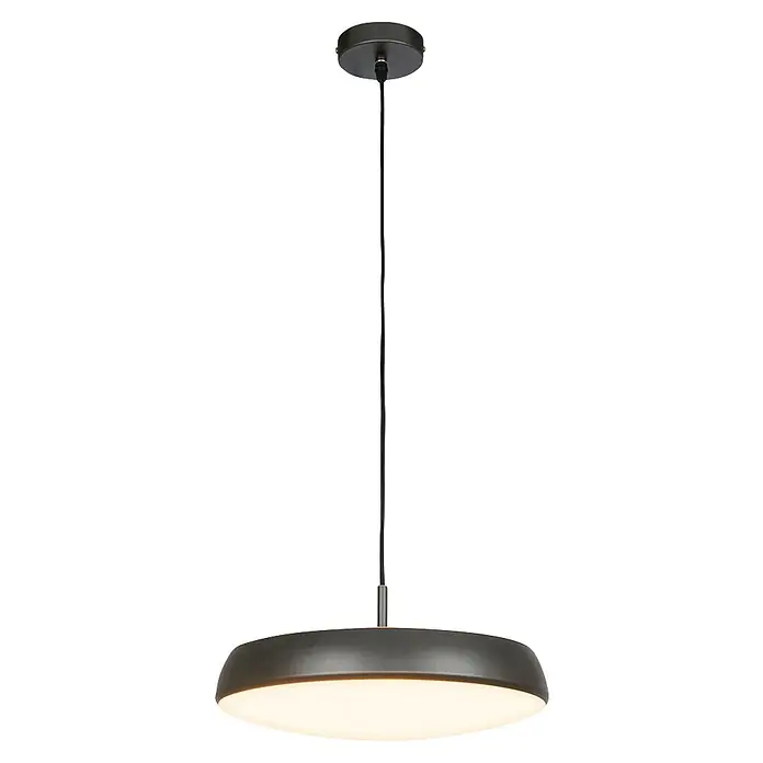 Brilo Lámpara colgante LED redonda Nala - 14,5 W, Ø x Al: 35 x 120 cm, Bronce/Antracita, Blanco cálido - Lámpara colgante LED moderna gris oscuro, en forma de disco, con difusor blanco iluminado, en cable negro.