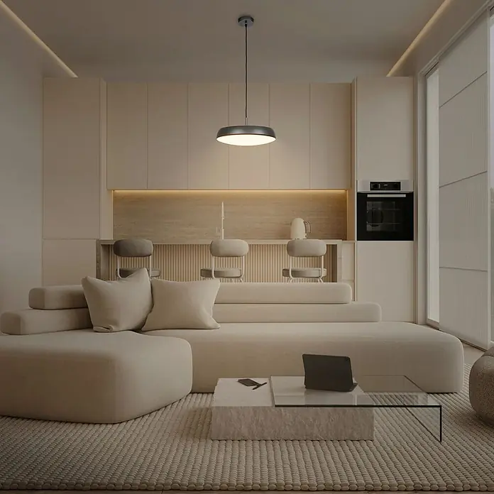 Brilo Lámpara colgante LED redonda Nala - 14,5 W, Ø x Al: 35 x 120 cm, Bronce/Antracita, Blanco cálido - Lámpara colgante gris elegante ilumina una zona de isla de cocina contemporánea.