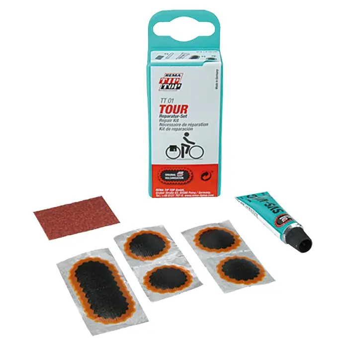 Tip-Top Fahrrad-Flickzeug TT 01 Tour - 7 -tlg. - Ein REMA TIP TOP TT 01 TOUR Fahrradreparaturset mit Flicken, Kleber und Schleifpapier für schnelle Reifenreparaturen unterwegs.