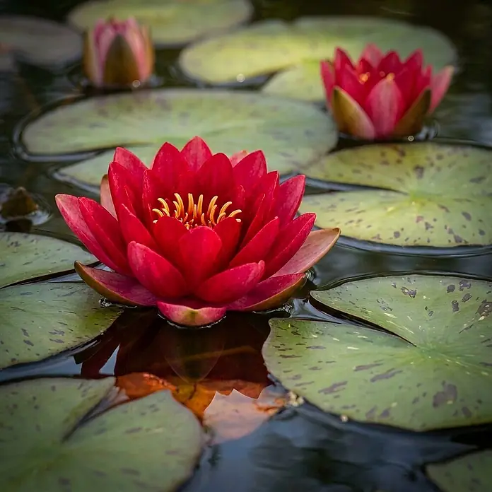 Vdvelde Seerose - Nymphaea Attraction - Rote Seerosen mit gelben Zentren schwimmen auf einem Teich, umgeben von grünen Seerosenblättern, mit Spiegelungen.