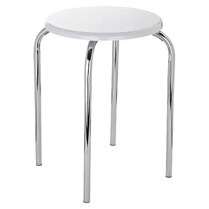 Taburete de baño - Blanco, Cromado, Redonda, Diámetro: 32 cm, Altura: 42,5 cm - Un taburete redondo blanco con tres patas de metal cromado sobre un fondo blanco. Práctico y elegante a la vez.