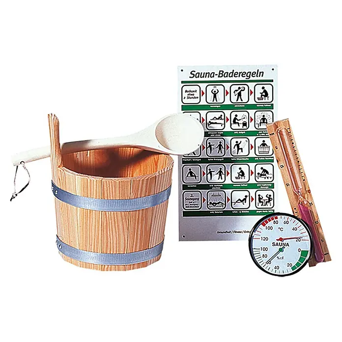 Weka Sauna-Zubehör-Set - Fassungsvermögen: 5 l - Sauna-Set mit Holzeimer, Schöpfkelle, Thermometer und Hygrometer, ergänzt durch eine Tafel mit Sauna-Regeln für das perfekte Saunaerlebnis.