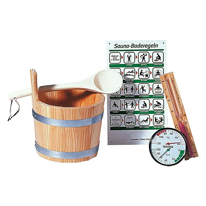 Weka Sauna-Zubehör-Set - Fassungsvermögen: 5 l - Sauna-Set mit Holzeimer, Schöpfkelle, Thermometer und Hygrometer, ergänzt durch eine Tafel mit Sauna-Regeln für das perfekte Saunaerlebnis.