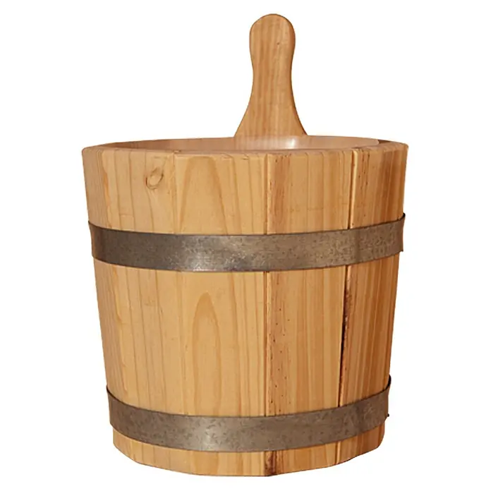 Weka Aufgusseimer - Holz, 5 l - Ein rustikaler Holzeimer mit Metallreifen, ideal für Dekoration oder als stilvolles Aufbewahrungsgefäß.