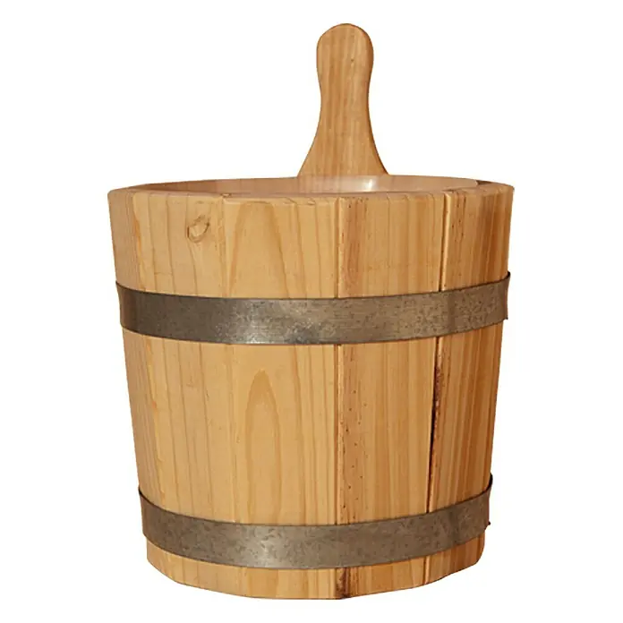 Weka Aufgusseimer - Holz, 5 l - Ein rustikaler Holzeimer mit Metallreifen, ideal für Dekoration oder als stilvolles Aufbewahrungsgefäß.