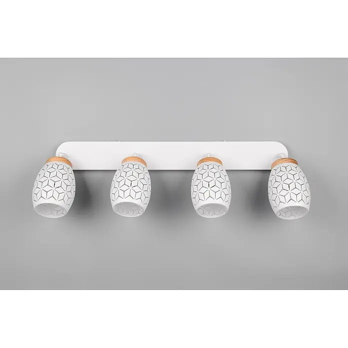 Reality Leuchten Bidar Regleta - 40 W, L x An x Al: 12 x 74 x 27 cm, Blanco, Blanco, E14, 4 ud. - Lámpara de techo/pared blanca de cuatro luces con base rectangular y cuatro pantallas decorativas con recortes geométricos y tapas de madera.