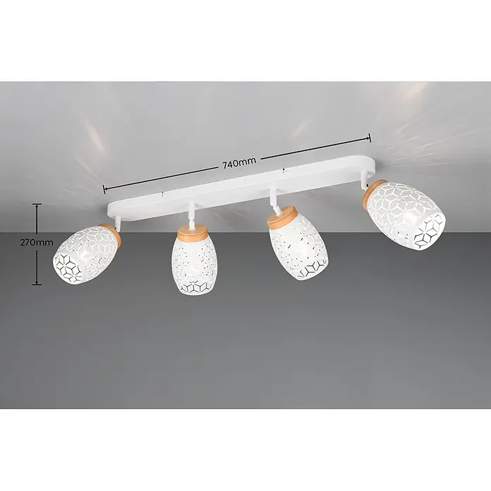 Reality Leuchten Bidar Regleta - 40 W, L x An x Al: 12 x 74 x 27 cm, Blanco, Blanco, E14, 4 ud. - Foco de techo blanco de cuatro bombillas con base rectangular y pantallas metálicas decorativas con detalles de madera. Medidas: 740x270mm.