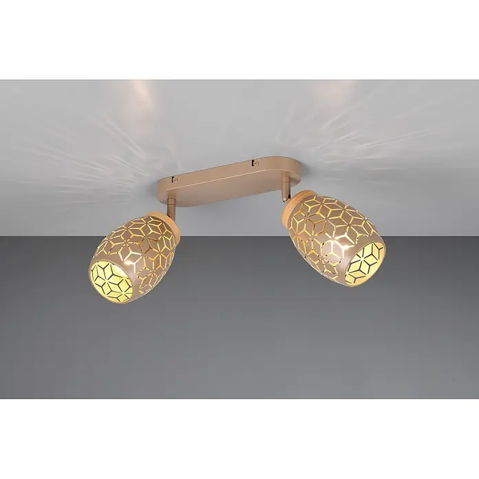 Reality Leuchten Bidar Regleta - 20 W, L x An x Al: 12 x 28 x 27 cm, Café, Café, E14, 2 ud. - Dos focos de techo beige ajustables con patrón geométrico calado y detalle de madera, proyectando luz decorativa.