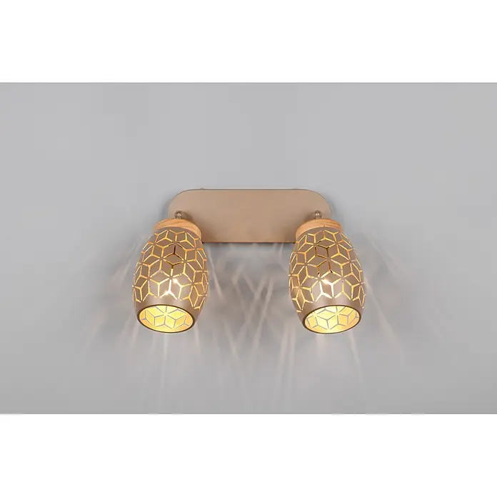 Reality Leuchten Bidar Regleta - 20 W, L x An x Al: 12 x 28 x 27 cm, Café, Café, E14, 2 ud. - Aplique de pared doble de metal dorado con pantallas caladas geométricas y detalles de madera, iluminado.