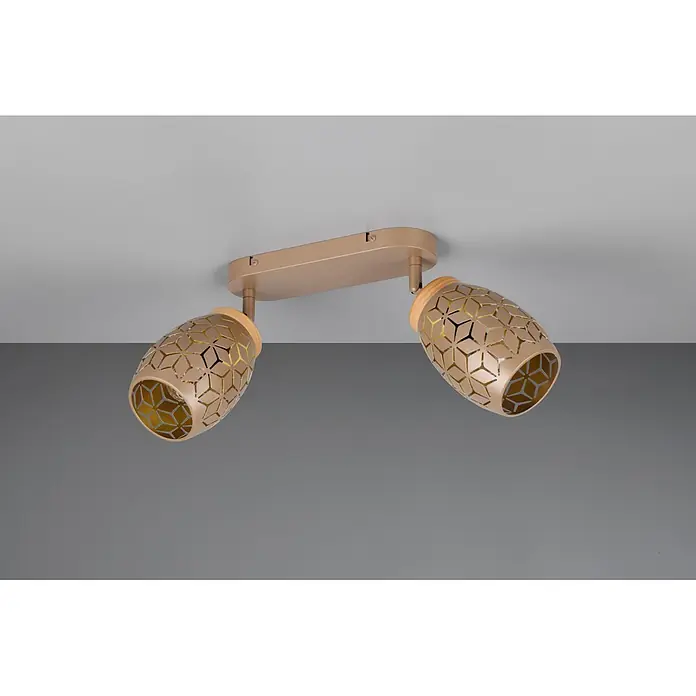 Reality Leuchten Bidar Regleta - 20 W, L x An x Al: 12 x 28 x 27 cm, Café, Café, E14, 2 ud. - Foco de dos luces de metal beige con recortes geométricos decorativos y detalles de madera, montado sobre una base rectangular.