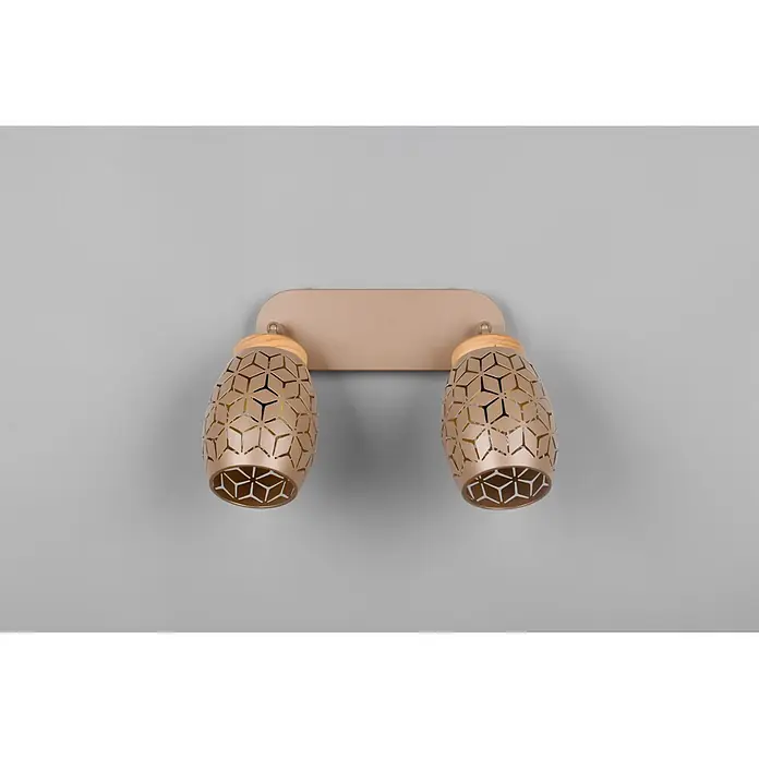 Reality Leuchten Bidar Regleta - 20 W, L x An x Al: 12 x 28 x 27 cm, Café, Café, E14, 2 ud. - Aplique de pared de dos luces color oro rosa con pantallas metálicas caladas geométricas y detalles de madera.