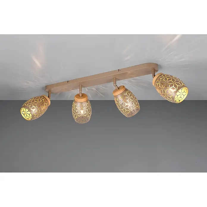 Reality Leuchten Bidar Regleta - 40 W, L x An x Al: 12 x 74 x 27 cm, Café, Café, E14, 4 ud. - Foco de techo de cuatro luces con pantallas metálicas beige, recortes geométricos y detalles de madera.