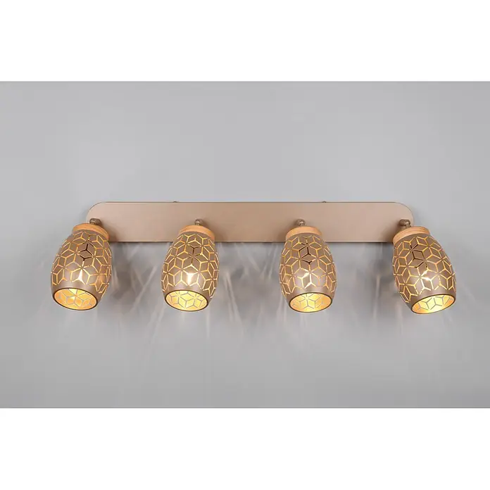 Reality Leuchten Bidar Regleta - 40 W, L x An x Al: 12 x 74 x 27 cm, Café, Café, E14, 4 ud. - Barra de focos de metal color champán de cuatro luces, con detalles de madera y pantallas de patrón geométrico.
