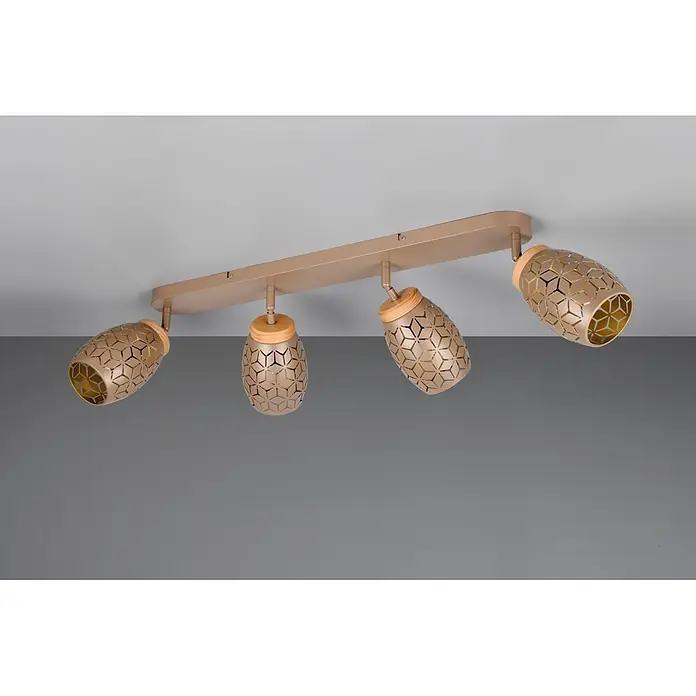 Reality Leuchten Bidar Regleta - 40 W, L x An x Al: 12 x 74 x 27 cm, Café, Café, E14, 4 ud. - Foco de techo de cuatro luces, pantallas metálicas beige-doradas con patrón geométrico calado y detalles de madera.