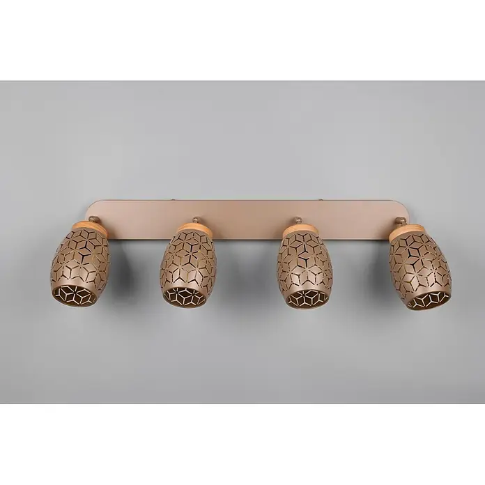 Reality Leuchten Bidar Regleta - 40 W, L x An x Al: 12 x 74 x 27 cm, Café, Café, E14, 4 ud. - Aplique de pared de cuatro luces con pantallas de metal perforado color bronce y detalles de madera en una barra a juego.