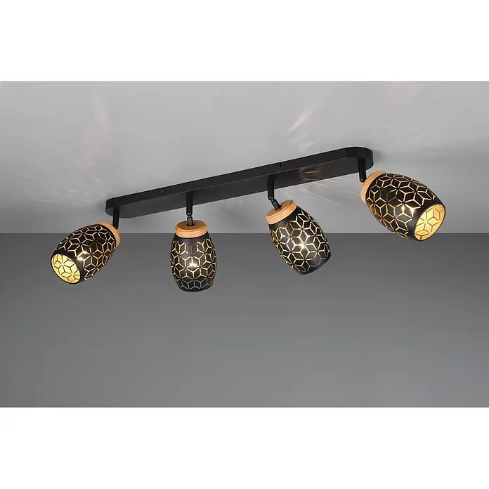 Reality Leuchten Bidar Regleta - 40 W, L x An x Al: 12 x 74 x 27 cm, Negro/Oro, Negro/Oro, E14, 4 ud. - Barra de focos negra con cuatro focos de metal estampado y detalles de madera.