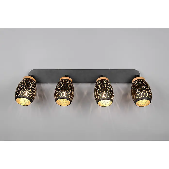 Reality Leuchten Bidar Regleta - 40 W, L x An x Al: 12 x 74 x 27 cm, Negro/Oro, Negro/Oro, E14, 4 ud. - Foco de cuatro luces de metal negro con recortes geométricos y detalles de madera, proyectando patrones de luz.