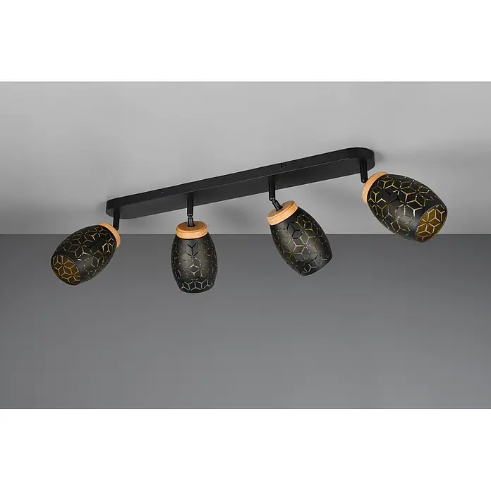 Reality Leuchten Bidar Regleta - 40 W, L x An x Al: 12 x 74 x 27 cm, Negro/Oro, Negro/Oro, E14, 4 ud. - Foco de techo negro de 4 luces con recortes geométricos, interior dorado y detalles de madera.