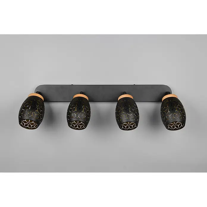 Reality Leuchten Bidar Regleta - 40 W, L x An x Al: 12 x 74 x 27 cm, Negro/Oro, Negro/Oro, E14, 4 ud. - Barra de focos de cuatro luces con pantallas de metal negro calado, detalles de madera natural y base gris oscuro, para techo o pared.