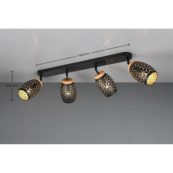 Reality Leuchten Bidar Regleta - 40 W, L x An x Al: 12 x 74 x 27 cm, Negro/Oro, Negro/Oro, E14, 4 ud. - Plafón negro de 4 focos con detalles de madera y pantallas metálicas caladas.
