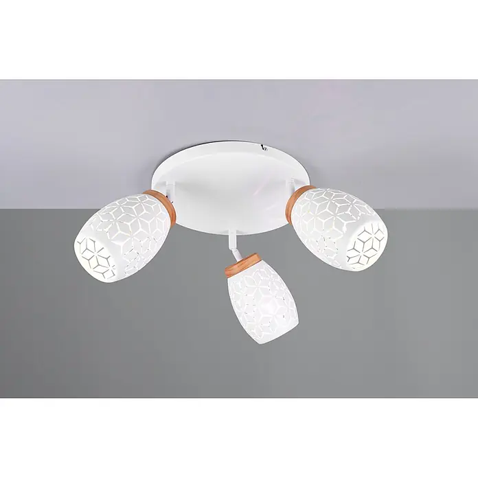 Reality Leuchten Bidar Plafón - 30 W, Blanco, Ø x Al: 58 x 27 cm, Blanco, E14 - Foco de techo blanco con tres pantallas de patrón geométrico y detalles de madera natural.