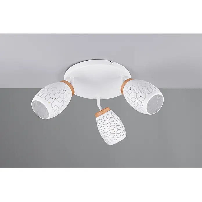 Reality Leuchten Bidar Plafón - 30 W, Blanco, Ø x Al: 58 x 27 cm, Blanco, E14 - Foco de techo blanco de 3 luces con cabezas ajustables, pantallas con patrón geométrico y detalles de madera clara.