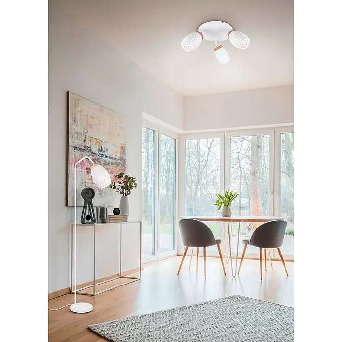 Reality Leuchten Bidar Lámpara de pie - 10 W, Altura: 147 cm, Blanco, Blanco, E27 - Plafón blanco con tres focos estampados y detalles de madera, que ilumina una estancia moderna.