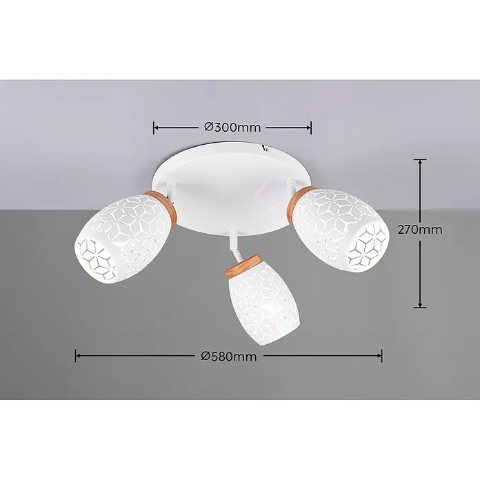 Reality Leuchten Bidar Plafón - 30 W, Blanco, Ø x Al: 58 x 27 cm, Blanco, E14 - Lámpara de techo blanca de tres focos con pantallas perforadas geométricas y detalles de madera.