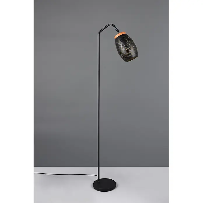 Reality Leuchten Bidar Lámpara de pie - 10 W, Altura: 147 cm, Negro/Oro, Negro/Oro, E27 - Lámpara de pie de metal negro con pantalla dorada de patrón geométrico y un detalle de madera, para iluminación de ambientes.