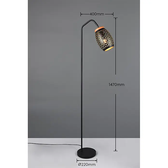 Reality Leuchten Bidar Lámpara de pie - 10 W, Altura: 147 cm, Negro/Oro, Negro/Oro, E27 - Lámpara de pie de metal negro con pantalla ornamentada de patrón negro y dorado y parte superior de madera, con cuello curvado y base redonda.