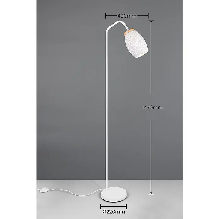 Reality Leuchten Bidar Lámpara de pie - 10 W, Altura: 147 cm, Blanco, Blanco, E27 - Lámpara de pie blanca con brazo arqueado y pantalla blanca estampada con tapa de madera, apta para iluminación ambiental.