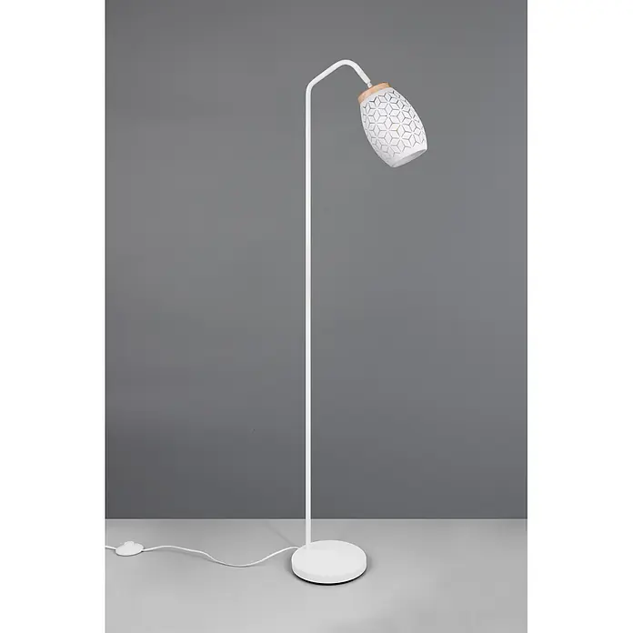 Reality Leuchten Bidar Lámpara de pie - 10 W, Altura: 147 cm, Blanco, Blanco, E27 - Lámpara de pie blanca con base de metal sencilla y pantalla blanca estampada con un detalle de madera en la parte superior.