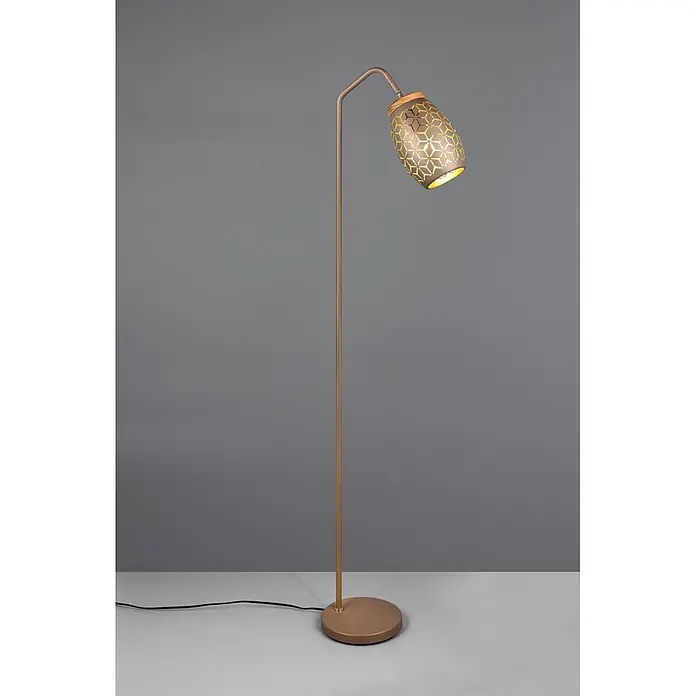 Reality Leuchten Bidar Lámpara de pie - 10 W, Altura: 147 cm, Marrón/Oro, Marrón/Oro, E27 - Lámpara de pie de bronce con cuello doblado y pantalla cilíndrica con patrón geométrico calado iluminado y parte superior de madera.
