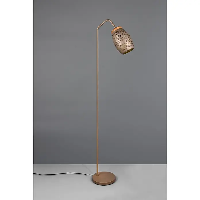 Reality Leuchten Bidar Lámpara de pie - 10 W, Altura: 147 cm, Marrón/Oro, Marrón/Oro, E27 - Lámpara de pie de bronce metálico con pantalla perforada con patrón de estrellas y detalle de madera, sobre base redonda.