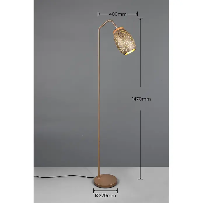 Reality Leuchten Bidar Lámpara de pie - 10 W, Altura: 147 cm, Marrón/Oro, Marrón/Oro, E27 - Lámpara de pie oro rosa con pantalla metálica estampada, brazo curvado y base redonda. 1470mm de altura, base de 220mm.