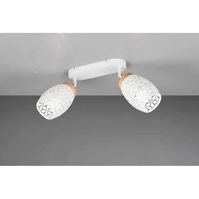 Reality Leuchten Bidar Regleta - 20 W, L x An x Al: 12 x 28 x 27 cm, Blanco, Blanco, E14, 2 ud. - Foco de techo blanco de dos luces con pantallas de patrón geométrico y detalles de madera.